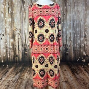 London Times Dress 10 Shift 3/4 Sleeve Knee Length Colorful Geometric Pattern